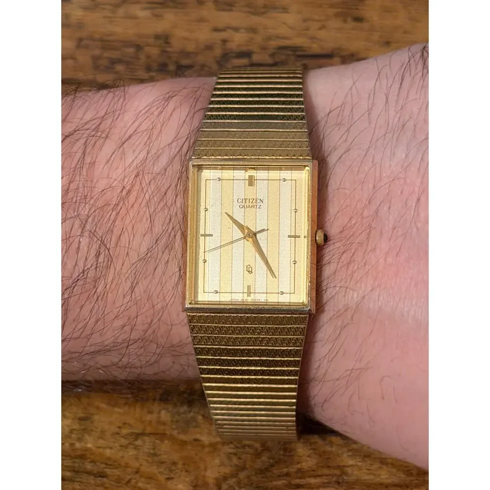 Citizen Quartz Gold Tone Rectangular Watch Textured Dial Mesh Bracelet